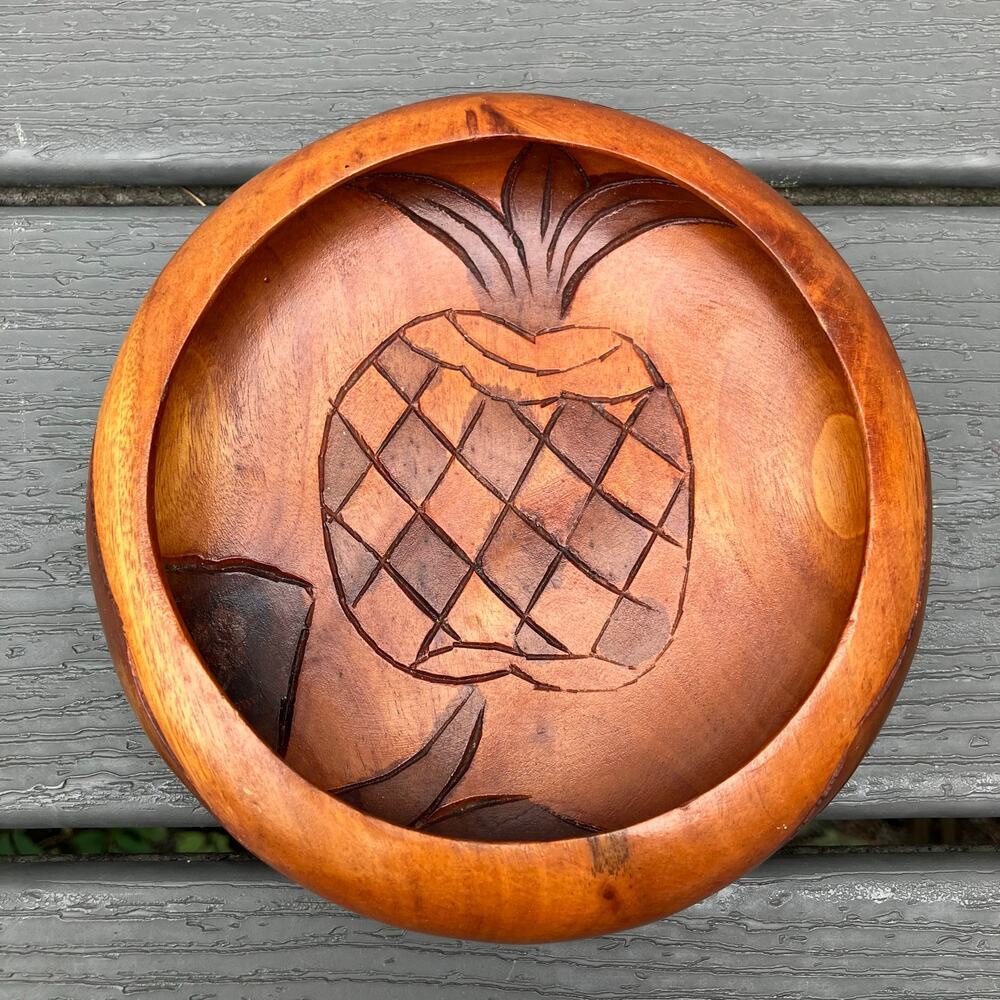 Vintage 60s 70s hand carved teak small wood bowl with carved pineapple, bohemian
